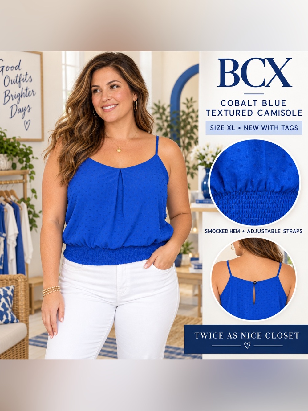 BCX Bright Cobalt Blue Textured Smocked-Hem Camisole NEW XL